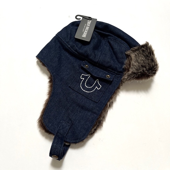 NWT TRUE RELIGION Denim Faux Fur Trapper Aviator Hat Stitched Horseshoe Pocket - Picture 1 of 6